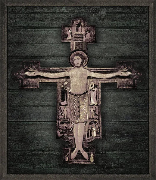 Gotisk Stil Träskulptur Jesus Kristus Över Texturerat Bakgrund Och Mörka — Stockfoto