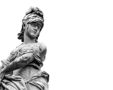 Yan görünümü antik heykel bir savaşçı adam beyaz arka plan üzerinde izole