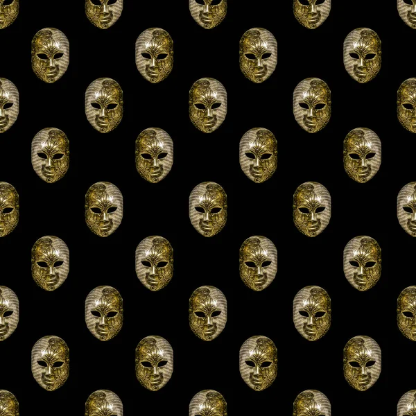 Goldena と黒の色でベネチアン マスク モチーフのシームレスなパターン デザイン — ストック写真