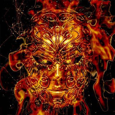 Digital art collage tecnique scary or creepy poster of vulcano head burning over black background clipart