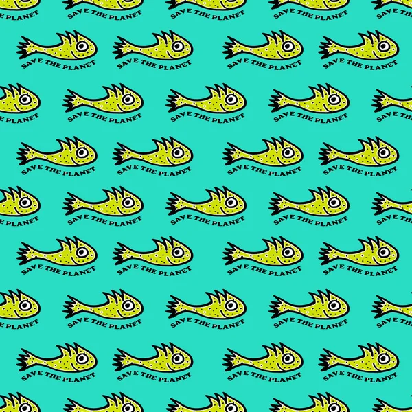 Cartoon style hand draw save earth ecological concept pattern illustration  in yellow and cyan tones - Stock Image - Everypixel