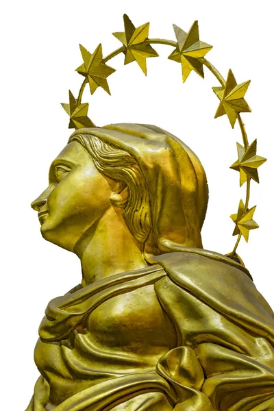 Скульптура Святой Женщины Низким Углом Обзора Короной Белом Фоне — стоковое фото