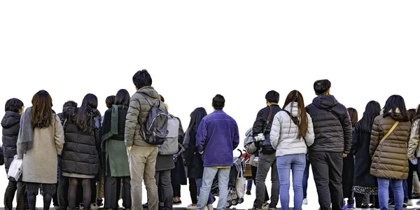 Isolerade Panoramafoto Grupp Människor Står Ryggen Visa Vakar Över Vit — Stockfoto