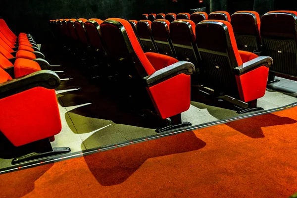 Interior Dark Scene Empty Cinema Red Chairs Main Subject — Stock Photo, Image