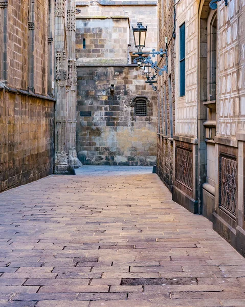 Calle Estrecha Rodeada Edificios Medievales Barrio Gótico Ciudad Barcelona España — Foto de Stock