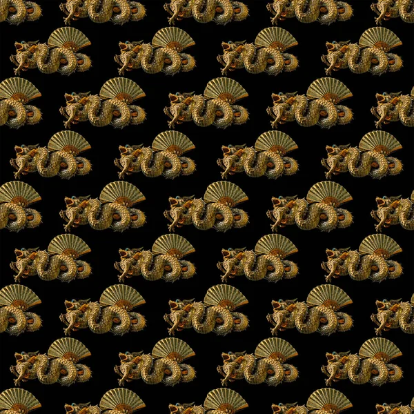 Conversational seamless pattern design with dragon sculpture motif in warm colors against black