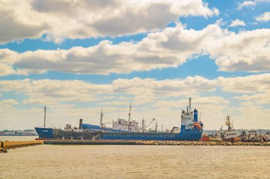 MONTEVIDEO, URUGUAY, APRIL - 2018 - Big cargo ship parked at port in montevideo city, Uruguay