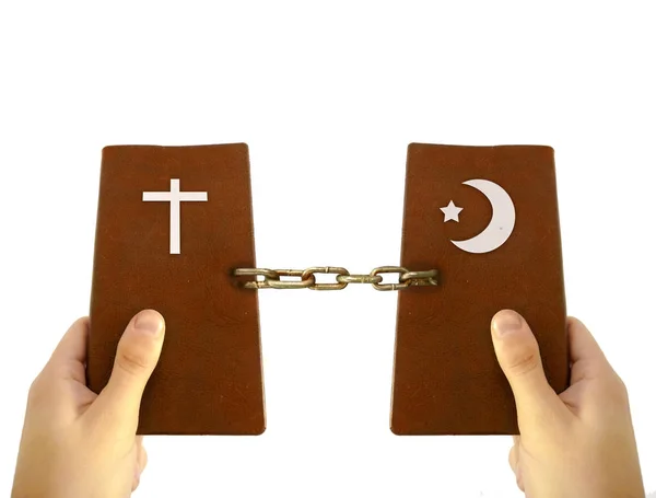 Colagem Digital Técnica Arte Conceito Religioso Com Corão Bíblia Livros — Fotografia de Stock