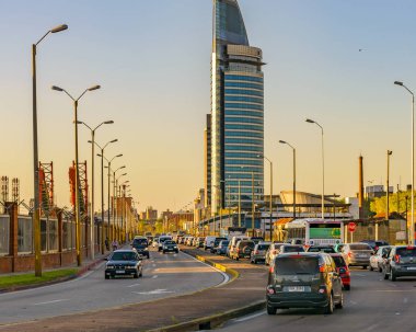 MONTEVIDEO, URUGUAY, OCTOBER - 2018 - Contemporary style telecommunications tower building located in Montevideo, the tallest skyscraper building in Uruguay. clipart