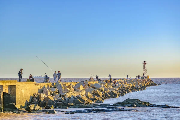 Montevideo Uruguay December 2018 Grupp Människor Fiske Vid Vågbrytaren Sommar — Stockfoto