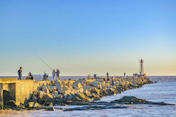 Montevideo Uruguay Dezember 2018 Gruppe Von Menschen Angeln Wellenbrecher Sommertag — Stockfoto