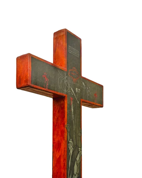 Большой Красный Крест Деревянный Крест Белом Фоне — стоковое фото