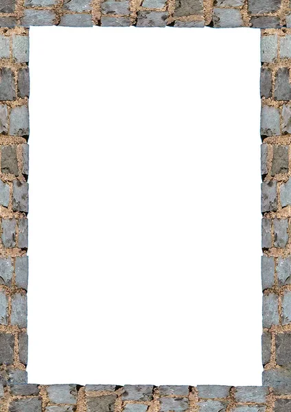 装飾された素朴な石の壁のデザインの境界線と白いフレームの背景 — ストック写真