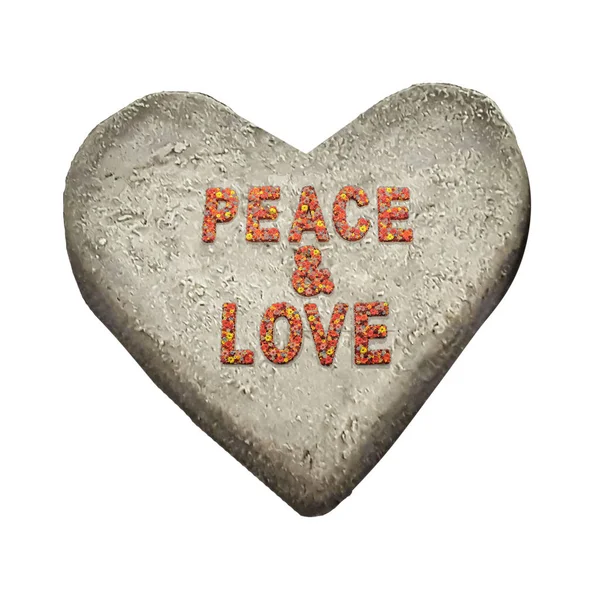 白い背景に隔離された砂のハート型のシンボル上の平和と愛のテキスト — ストック写真