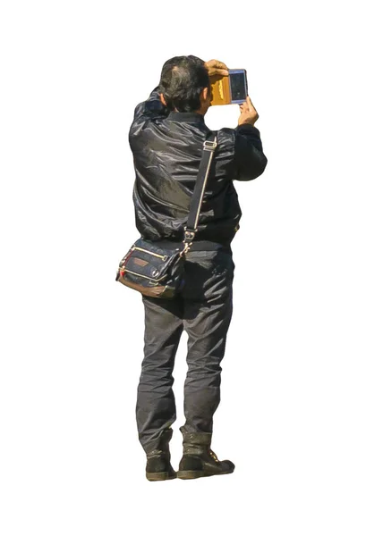 Людина фотографується з мобільним телефоном ізольовані фото — стокове фото