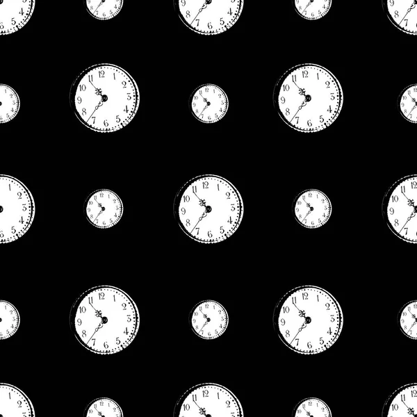 Grafische Silhouet Tekening Antiek Horloge Motief Naadloos Patroon Zwart Wit — Stockfoto