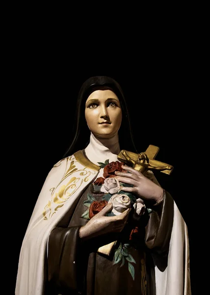 Woman Saint Sculpture Holding Cross Black Background — Stock Photo, Image