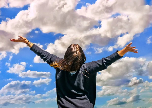 Vue Dos Femme Adulte Avec Les Mains Air Sur Fond — Photo