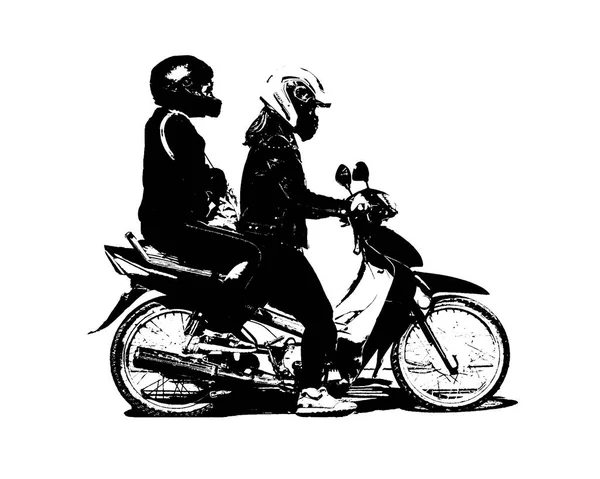 摩托车黑白隔离图形轮廓的两个人 — 图库照片