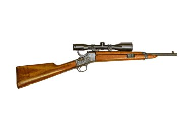 Yan görüş küçük tahta tüfek beyaz arka planda izole