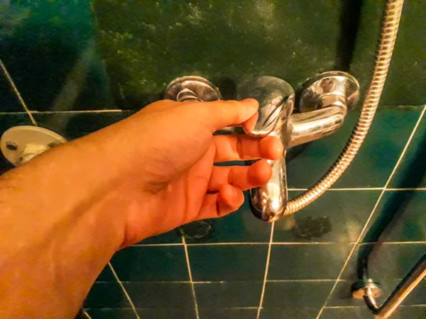 High Angle Shot Male Hand Openinc Shower Facuet — Stock Photo, Image