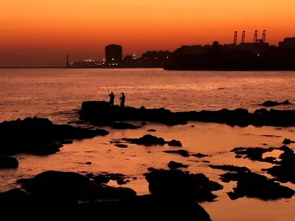 Silhueta Pôr Sol Cena Costeira Montevideo Cidade Uruguai — Fotografia de Stock