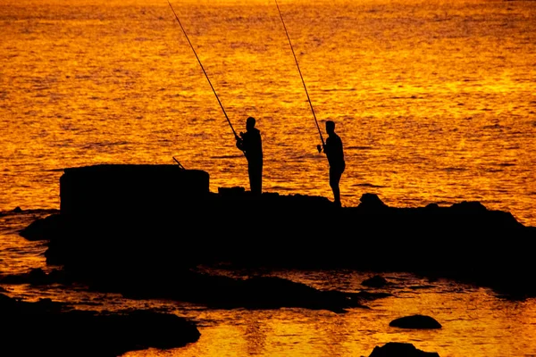 Two Men Fishing Coast River Plate River Montevideo Uruguay — Stock Photo, Image