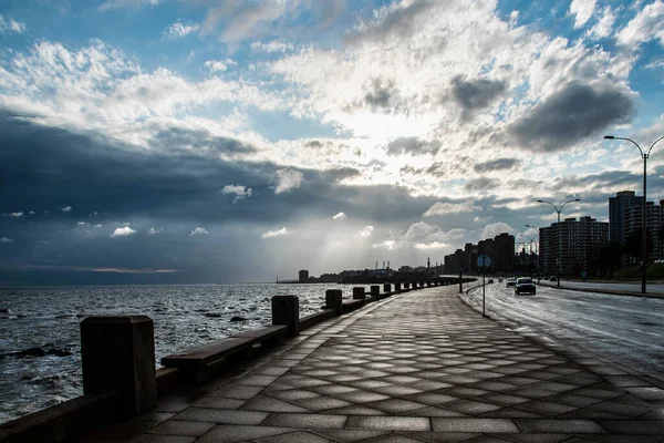 High Contrast Silhouette Urban Coastal Scene Montevideo City Uruguay — Stock Photo, Image