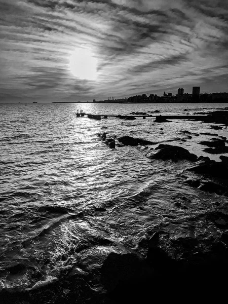 Sunset Urban Coastal Sunset Silhouette Scene Montevideo City Uruguay — Stock Photo, Image