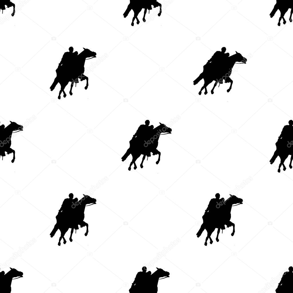 Conversational seamless pattern design rider at horse motif black and white color background