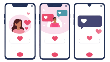 Uygulama sohbet penceresi olan akıllı telefonun düz çizimi, renkli konuşma baloncukları, minimal temiz tasarım, canlı modern görünüm.