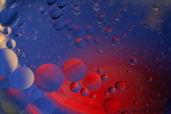 oil drops in blue and red in a glass Cup of water,taken macro