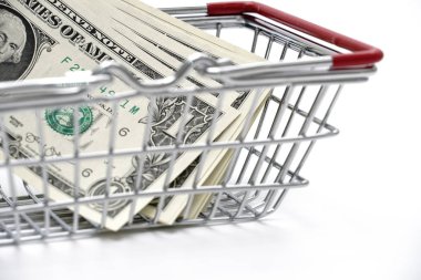 Doları para izole alışveriş sepeti satış üzerinde beyaz arka plan atış içinde Studio ile pazarlama ve finans, web için nesne tasarımları.