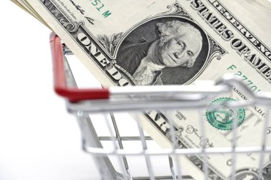 Doları para izole alışveriş sepeti satış üzerinde beyaz arka plan atış içinde Studio ile pazarlama ve finans, web için nesne tasarımları.
