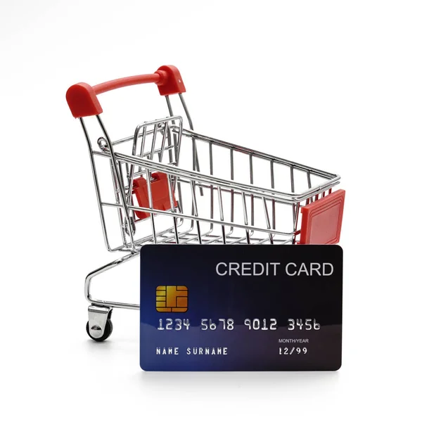 Cartão Crédito Com Isolated Shopping Cart Sales White Background Shot — Fotografia de Stock