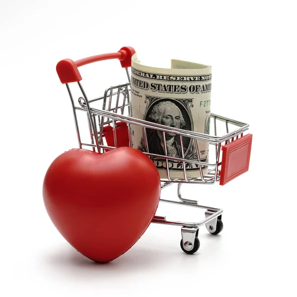 dollar money and heart with Isolated Shopping Cart sales On White Background Shot In Studio for marketing and finance, web designs object.