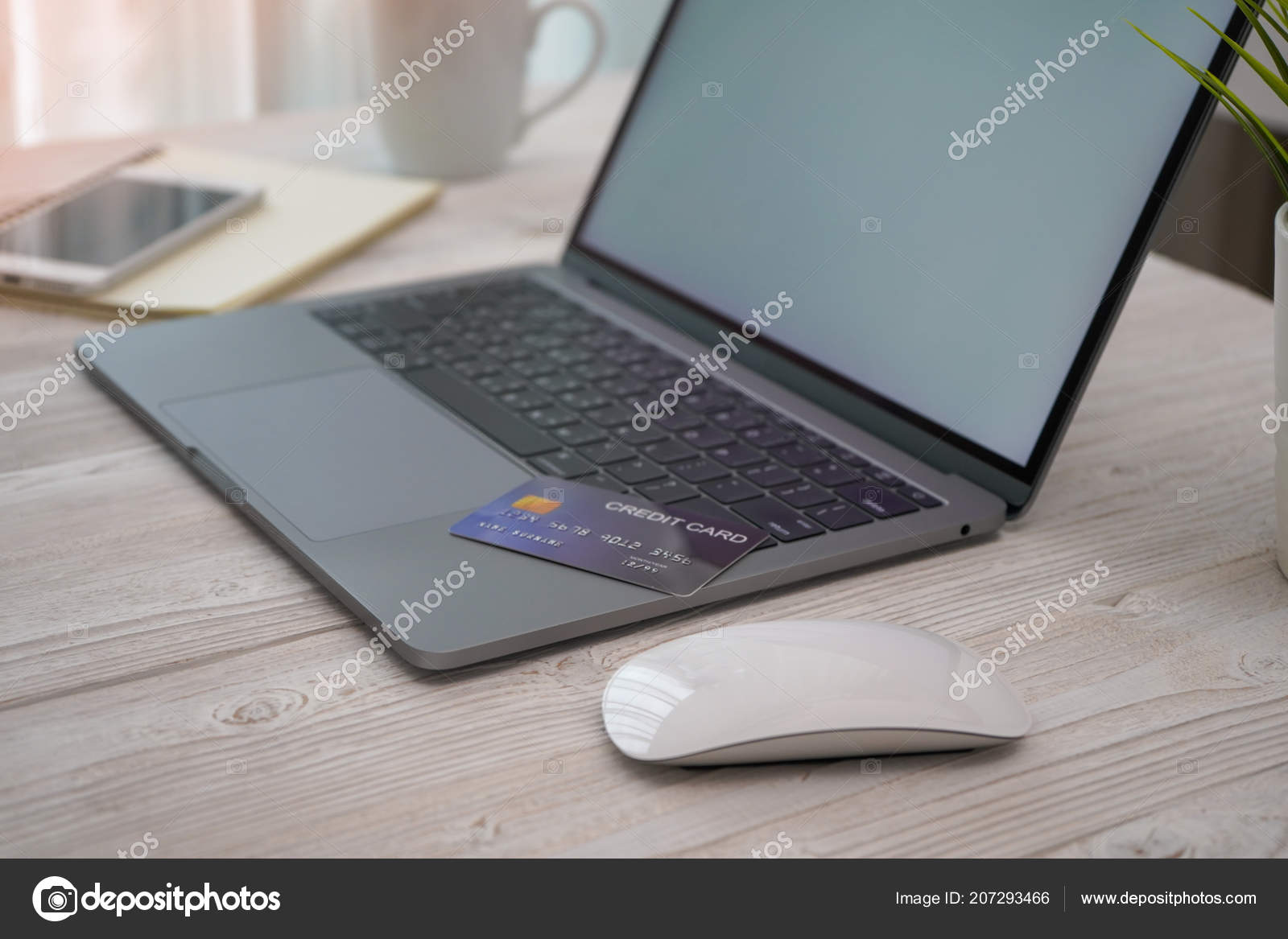 Side View Shopping Online Laptop Smartphone Working Wooden Desk