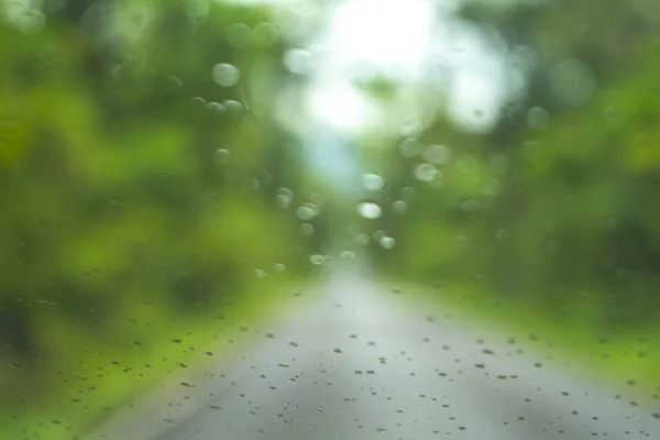 Parque Desfocado Com Luz Bokeh Longo Estrada Dia Chuva Fundo — Fotografia de Stock