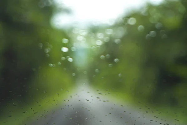 模糊公园与散景光一条长的路在雨天在自然背景下 — 图库照片