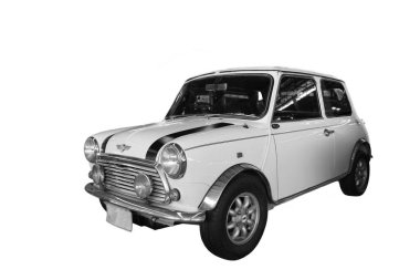 Mini bantlı klasik araba, beyaz arka planda izole edilmiş küçük araba.