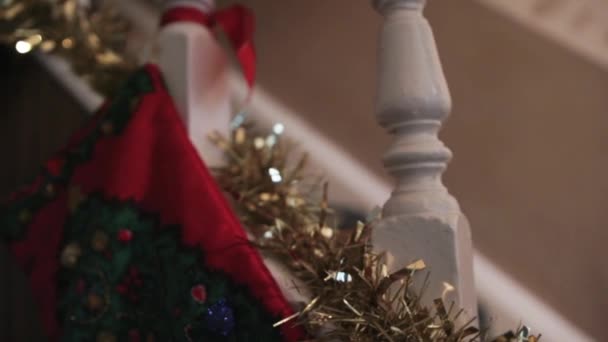 Shot Slider Passing Red Christmas Stocking Staircase — Stock Video
