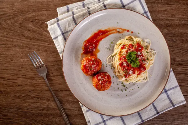 Pâtes Spaghetti Aux Boulettes Viande Sauce Tomate — Photo