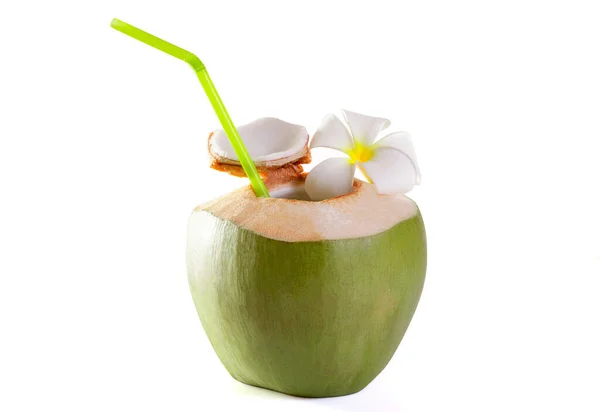 Coco Verde Fresco Con Paja Listo Para Beber Aislado Sobre — Foto de Stock