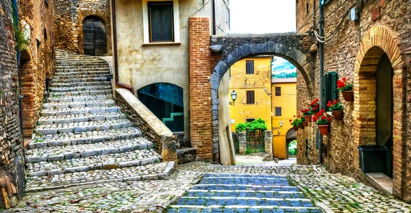 Traditionele Middeleeuwse Dorpen Van Italië Pittoreske Oude Straatjes Bloemen Casperia — Stockfoto