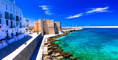 Güzel kıyı kenti Monopoli Puglia, Ortaçağ Kalesi manzaralı ve masmavi deniz, Güney İtalya.