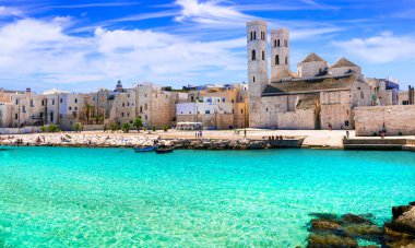 Molfetta - in Puglia kıyı kenti güzel deniz ve kilise, İtalya.