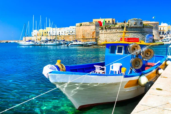 Régi Gallipoli Port Nézd Vár Csónakok Puglia Olaszország — Stock Fotó