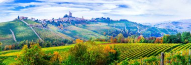 Sonbahar sahne. Serralunga d'alba köyde Piemonte ile geniş üzüm bağları, İtalya.