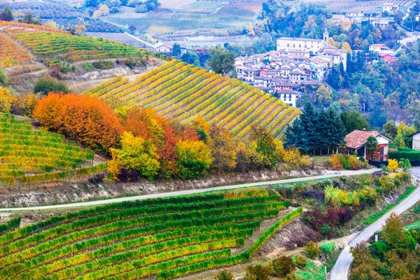 Impresionante Vista Viñedos Pueblos Colores Otoñales Región Del Piamonte Italia —  Fotos de Stock