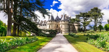 Etkileyici Chaumont - sur-Loire şato, panoramik, Fransa.